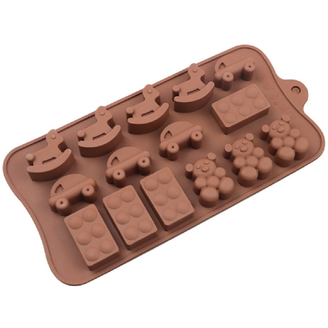 Speelgoedreeks kleefvrye silikoonsjokolade, lekkergoed, koekvorm Speelgoedbaksteenblokke en teddiebeervorm (ESG17536)